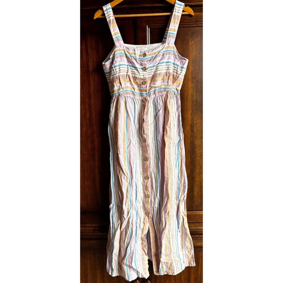 C&C California Linen Dress 6 Sleeveless Striped Square Neck Button-Front Beachy - Picture 1 of 6